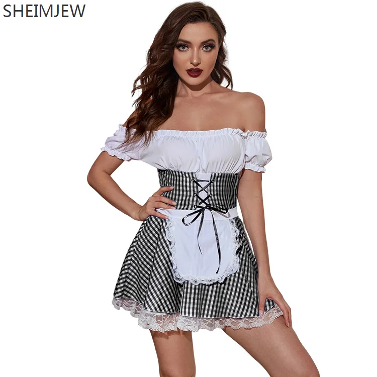 

Traditional Bavarian Plaid Beer Maid Cosplay Costumes Munich Women's Beer Uniform Sexy One-line Collar Ribbon Waist Lace Dress