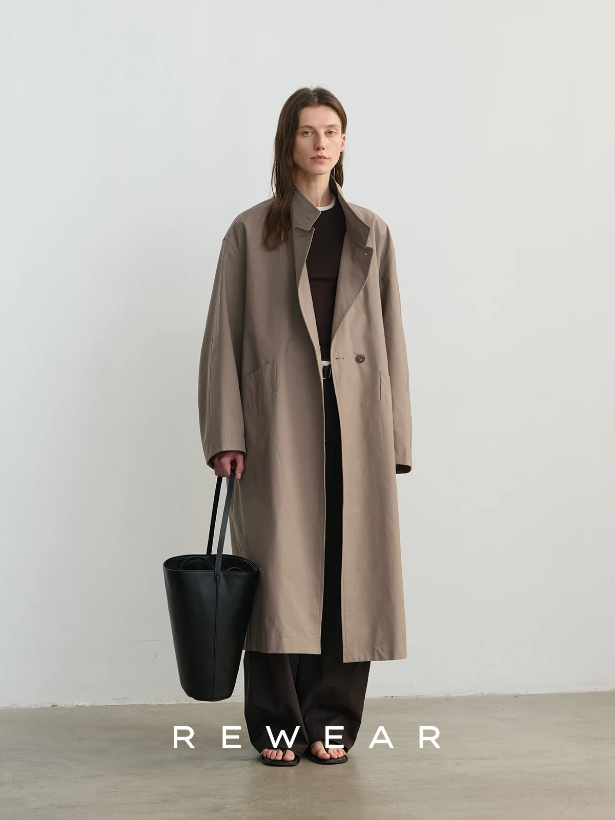 

REWEAR Faionable Chic Cotton Long Coat Women's Loose Fit Casual Sle Windproof Single Button Closure Pure Color 447