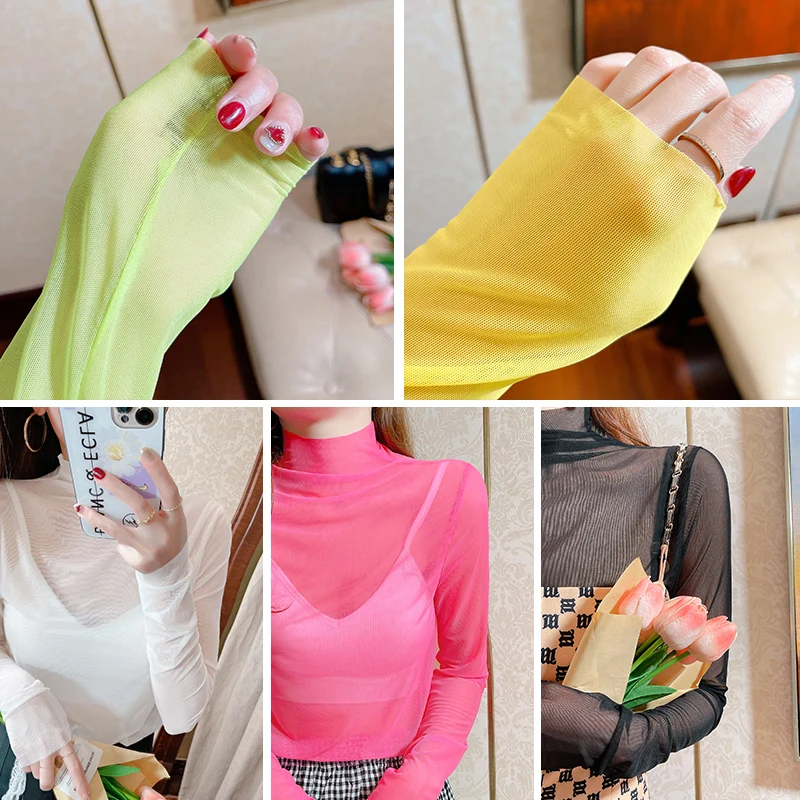 

Sexy Me Base irt Women Summer Thin Ice Silk Inner Transparent Top High Collar Candy Color See tough Lace T-irt