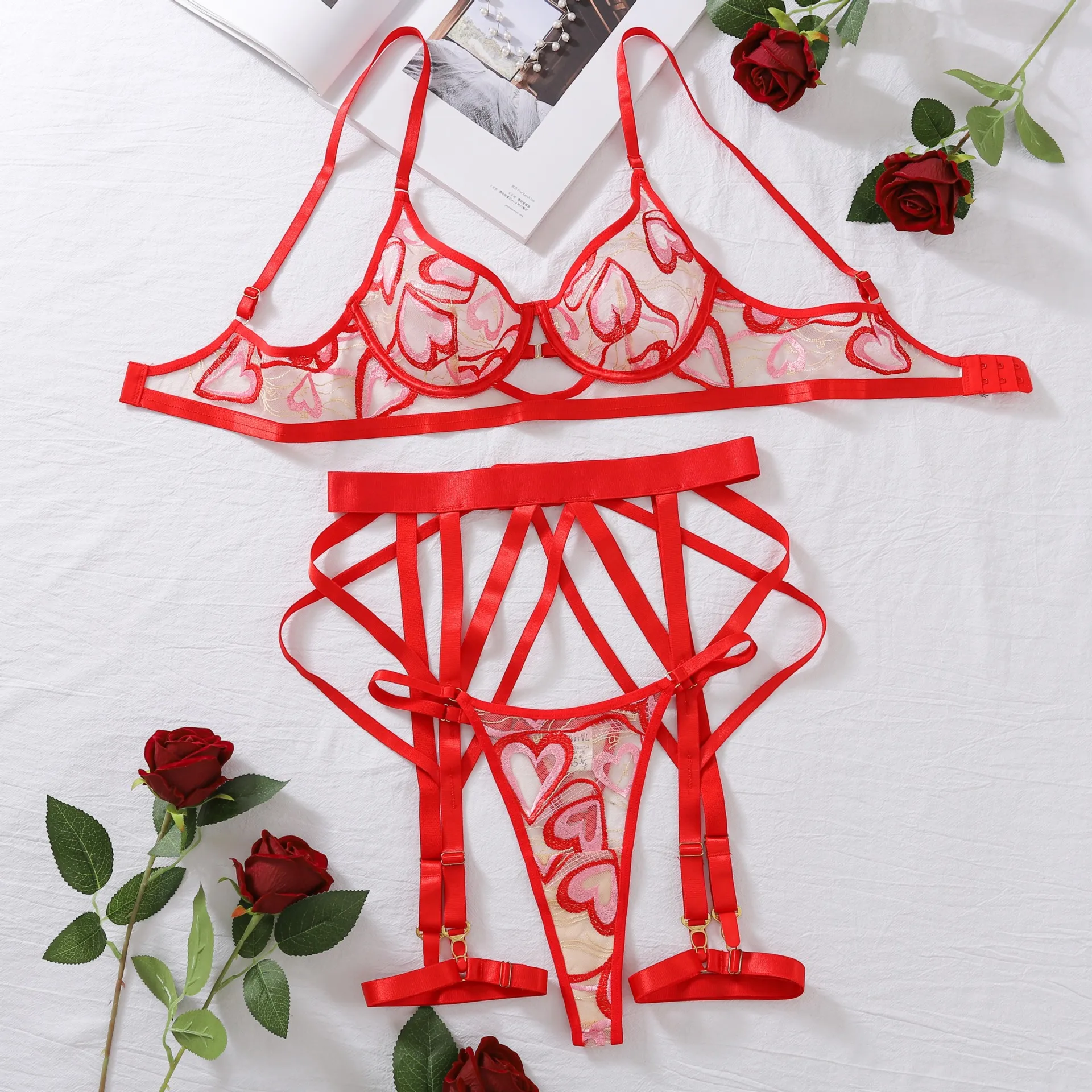 Solid Color 4-Piece Lace Bra Set Women Red Heart Embroidery Transparent Underwear Suit Sexy Bandage Thong Lingerie Outfits 2024