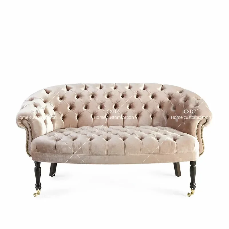Retro Country Fabric 2 Seater Sofa Simple Buckle Loveseat Mediterranean Style Couch Living Room Furniture