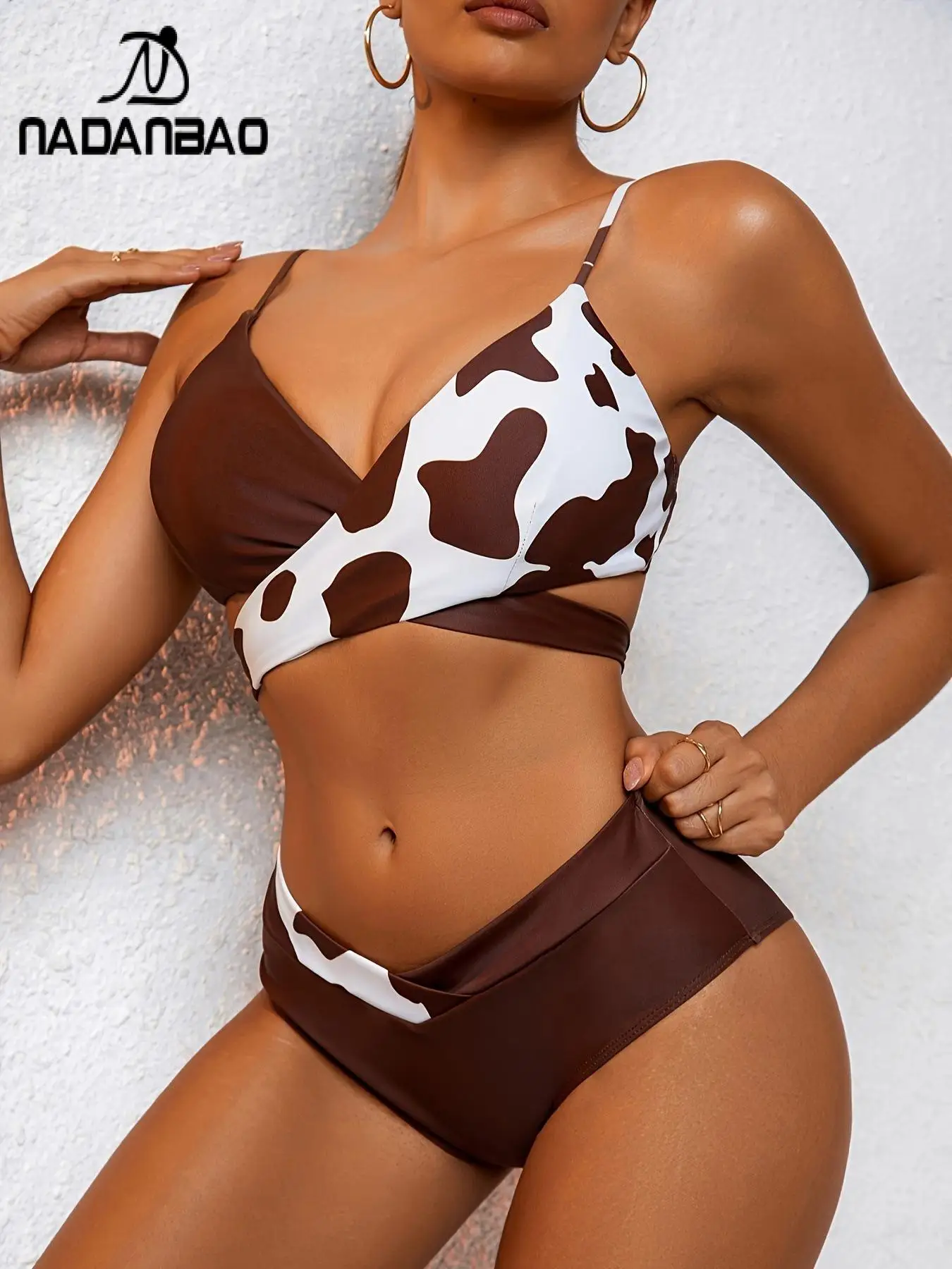 Nadanbao Sexy V-Neck Beach Bikini Set Swimsuits Women Holiday Backless Fashion Bikini Female Summer Patchwork Printing Swimwear