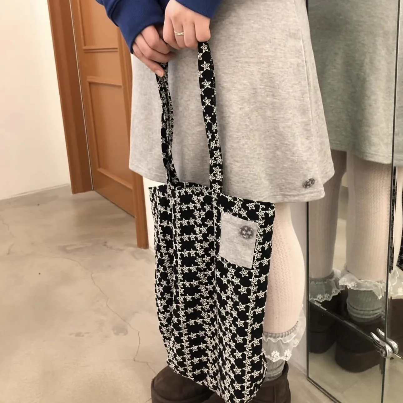 

Double-Sided Lace Star Embroidery Decorative Buttons Handbag Single oulder Bag op Bag Korean Sle Youth Tote Bag