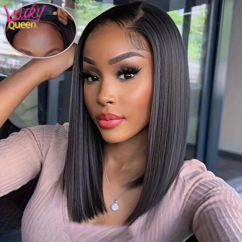 Natural Black Color Straight Human Hair Bob Wig 13x4 Lace Frontal Wig Preplucked Human Hair Wigs Ready To Go