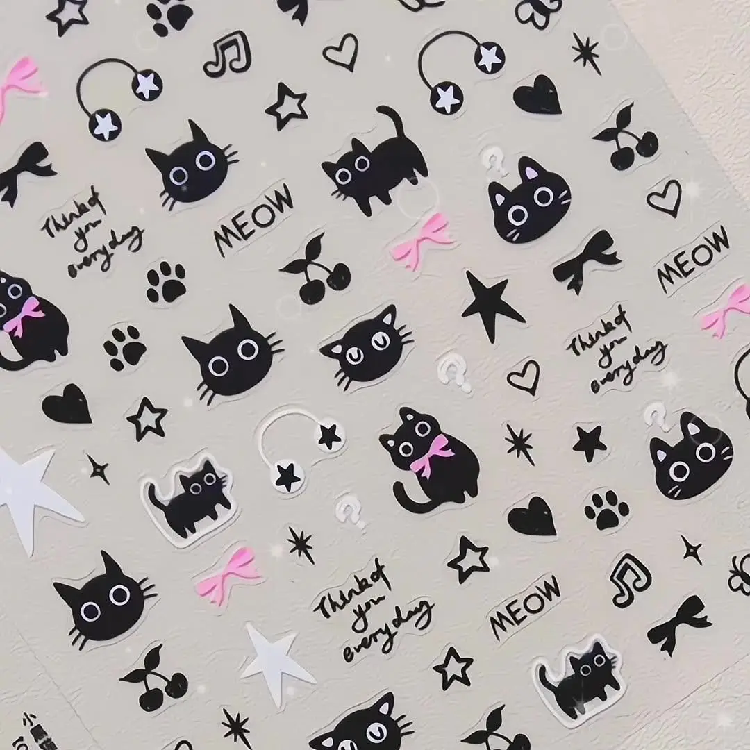 Naklejki na paznokcie z motywem czarnego kota, graffiti, relief, graffiti z kotem, DIY dekoracje na paznokcie, kreskówkowe, urocze akcesoria do paznokci