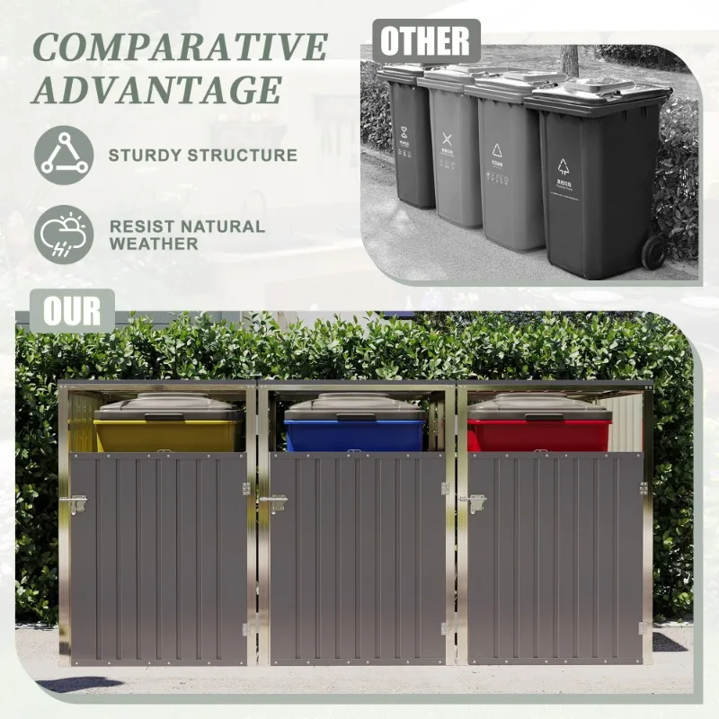 Grey 3 Trash Cans Garbage Bin Shed with Pneumatic Support Rod Lockable Doors Waterproof Lid for Patio Garden Backyard