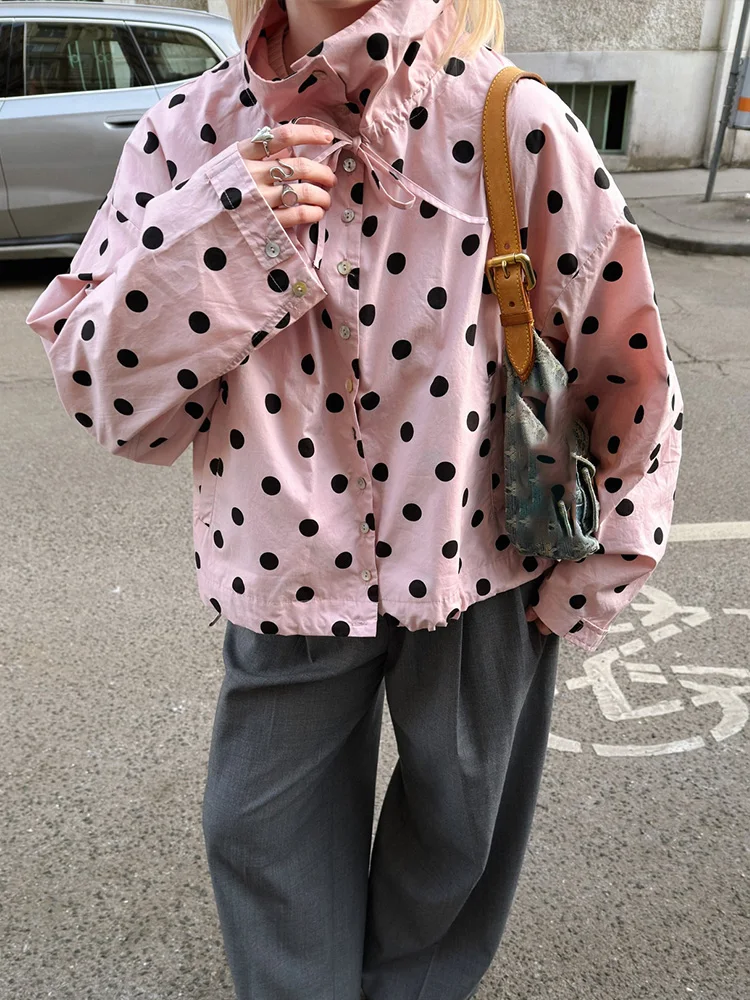 

HH 2026 Spring Women Casual High Street Jacket Woman Long Sleeve Pink Polka Dot Jacket Single Breasted High Collar Short Coat
