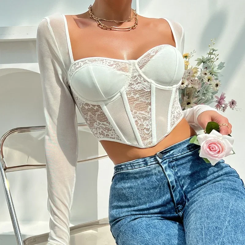 

Summer Chic Crop Blouse Sexy​ V Neck Long Sleeve Mesh Crop Tops Women Black Lace Embroidery Hollow Out Slim Blouses Y2k 블라우스