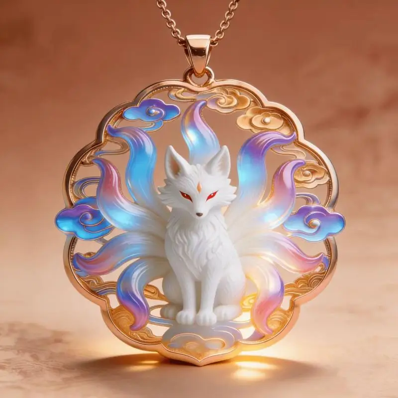 Nine Tailed Fox Enamel Pendant Necklace Minimalist Chinese Mythology Style Delicate Jewelry for Women Casual Wear