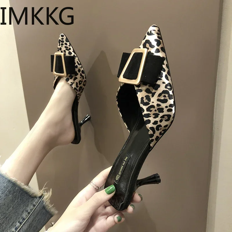 Brand Women Slippers Slip on Mules Leopard Shoes Women Slides Home Slippers Mules High Heel Shoes Ladies Fashion Shoes