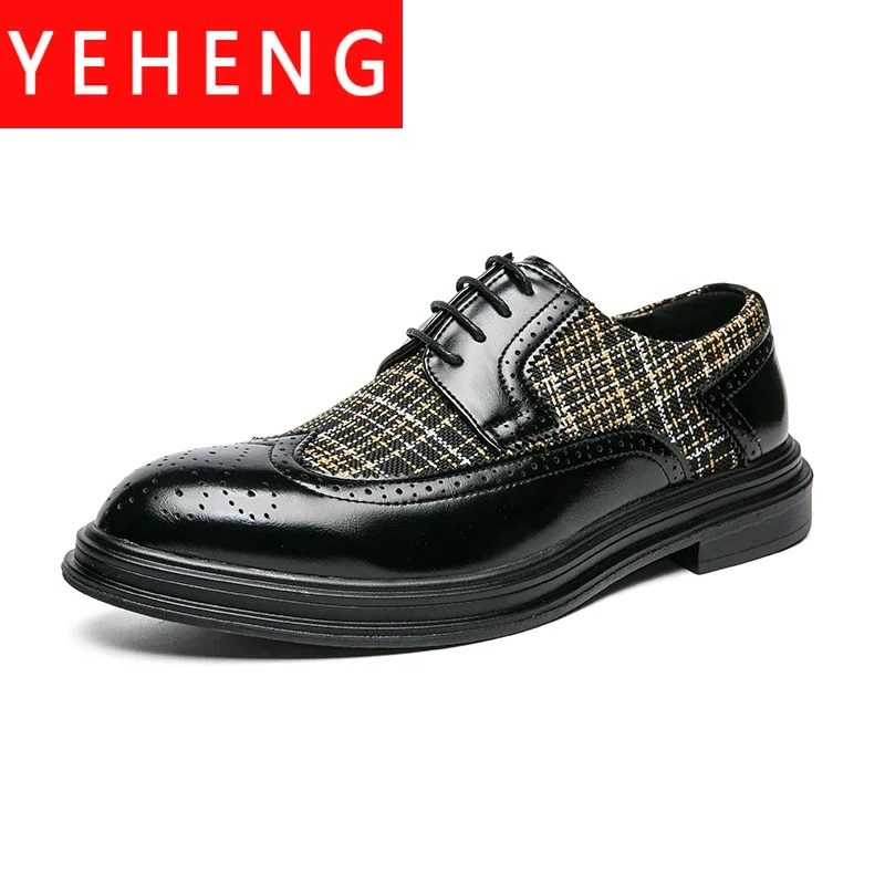 Men's Business Leather Shoes Large Size Brogue Carved Cloth Splicing Lace Up Men's Oxford Shoes Fashion Platform Wedding Shoes