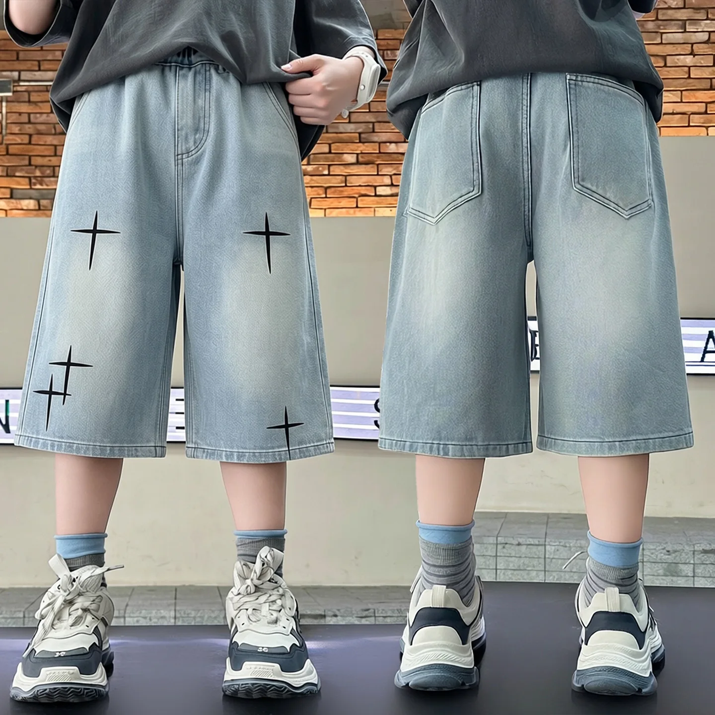 Hot Sale Tweens Child Casual Jeans Shorts for Teenager Boy Cross-stitch Print Denim Shorts Trendy Brand Kids Knee-Length Pants