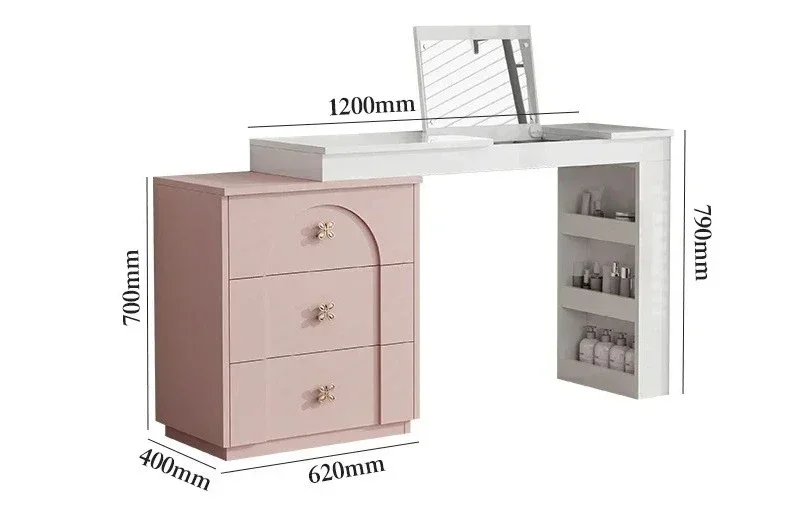 Y1  Dopamine Pink Flip Dressing Table Chest of Six Drawers Integrated Storage Cabinet French Bedroom Tailstock Corner Desk