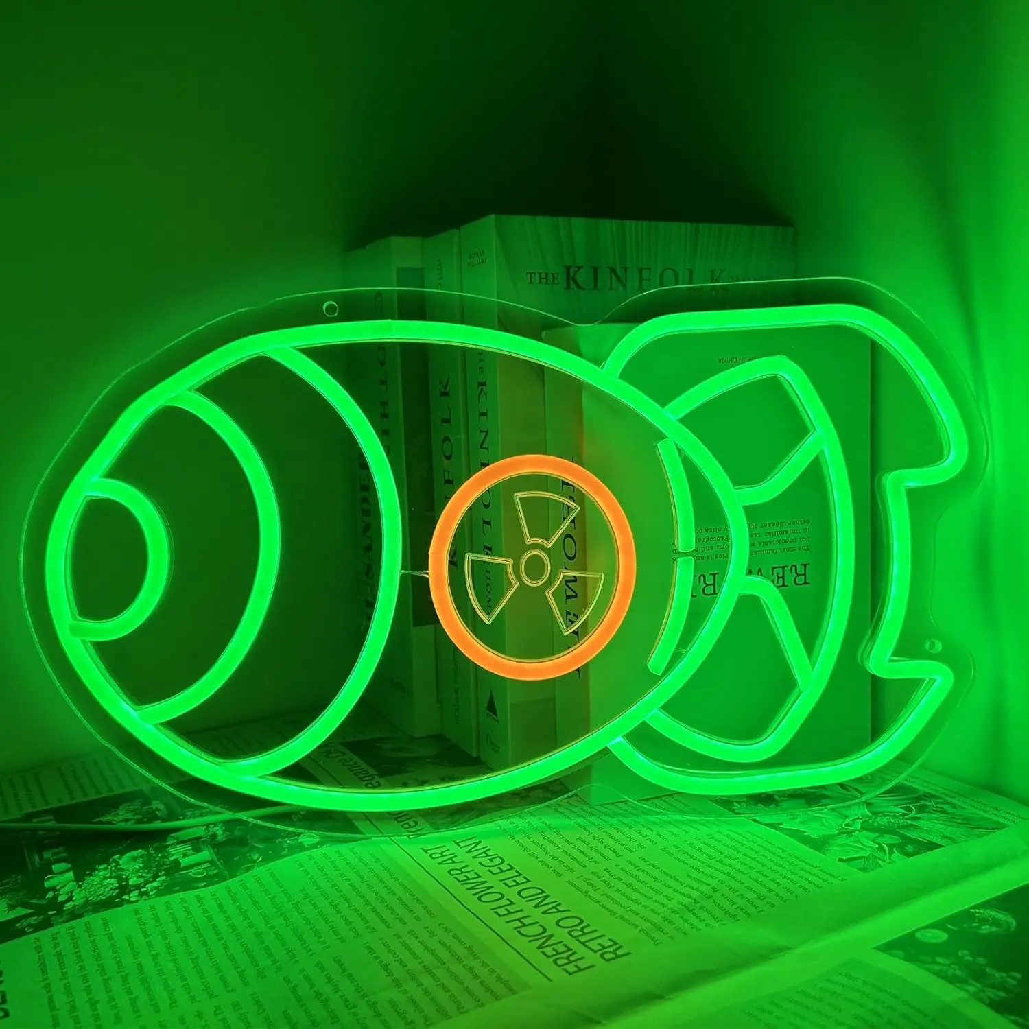 Eye Shaped Neon Sign Green Glow Orange Radiation Design Scientific Style LED Light for Home Office Library Bar Decor Art Gift