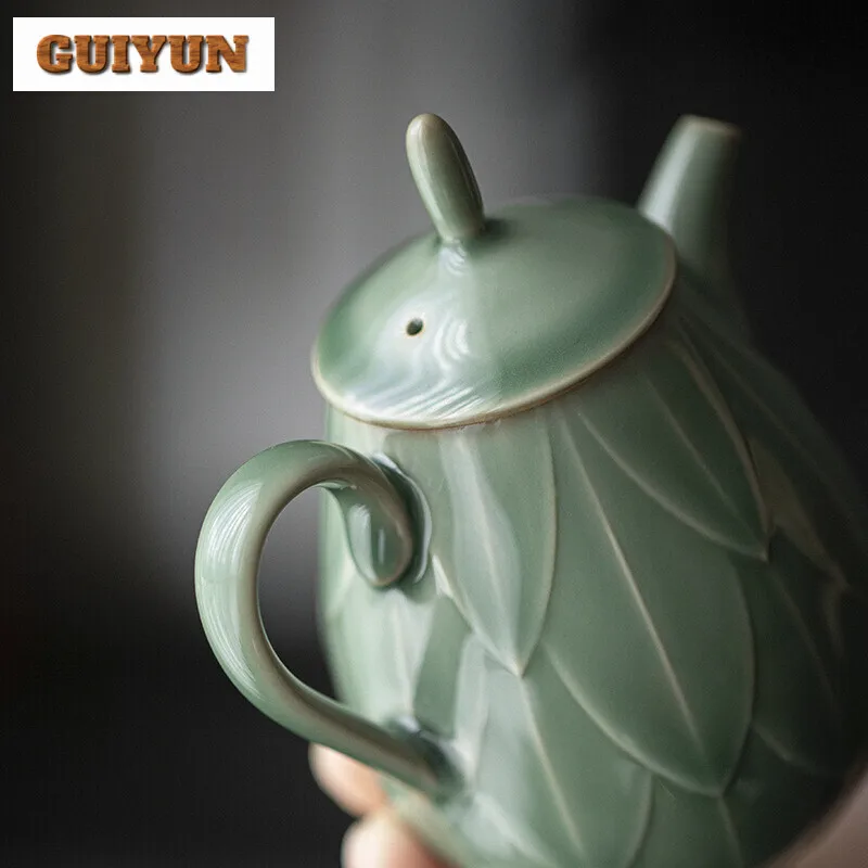 180ml Yue Kiln Plum Blossom Celadon Teapot Handmade Relief Lotus Petal Pot Antique Tea Maker Kettle with Strainer Teaware Gift - Image 3