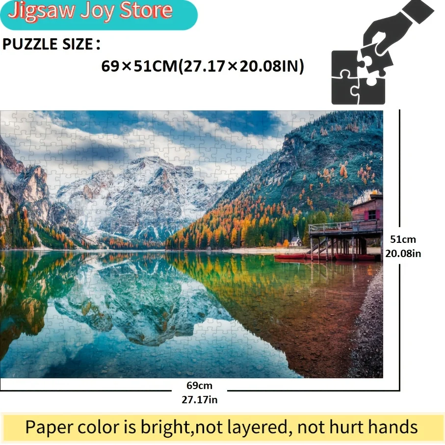 จิ๊กซอว์พัซเซิล - ทิวทัศน์อันงดงามของทะเลสาบเบรสต์ พร้อมภูเขาที่ปกคลุมด้วยหิมะและใบไม้ร่วง ขนาด 27x20 นิ้ว เหมาะสำหรับตกแต่งบ้าน