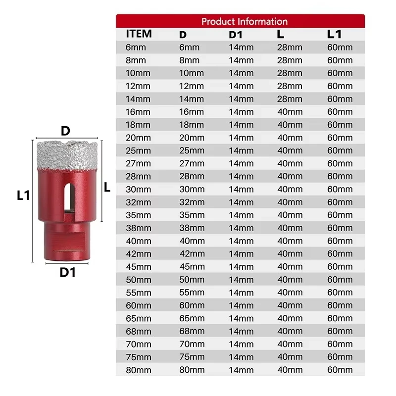 1pc 6mm-80mm Vacuum Thread Brazed Hole Opener Drilling Core Bit M14 Angle Grinder Drill Bit for Ceramic Tile Granite Marble
