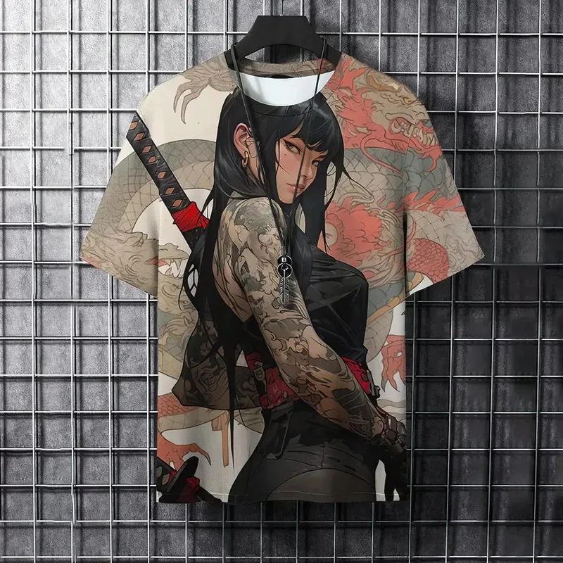 Samurai Style T shirt 3D Sexy Girl Tattoo Beauty Graphic Print Summer Top Men/Women Short Sleeve Oversized Street Unisex T-shirt