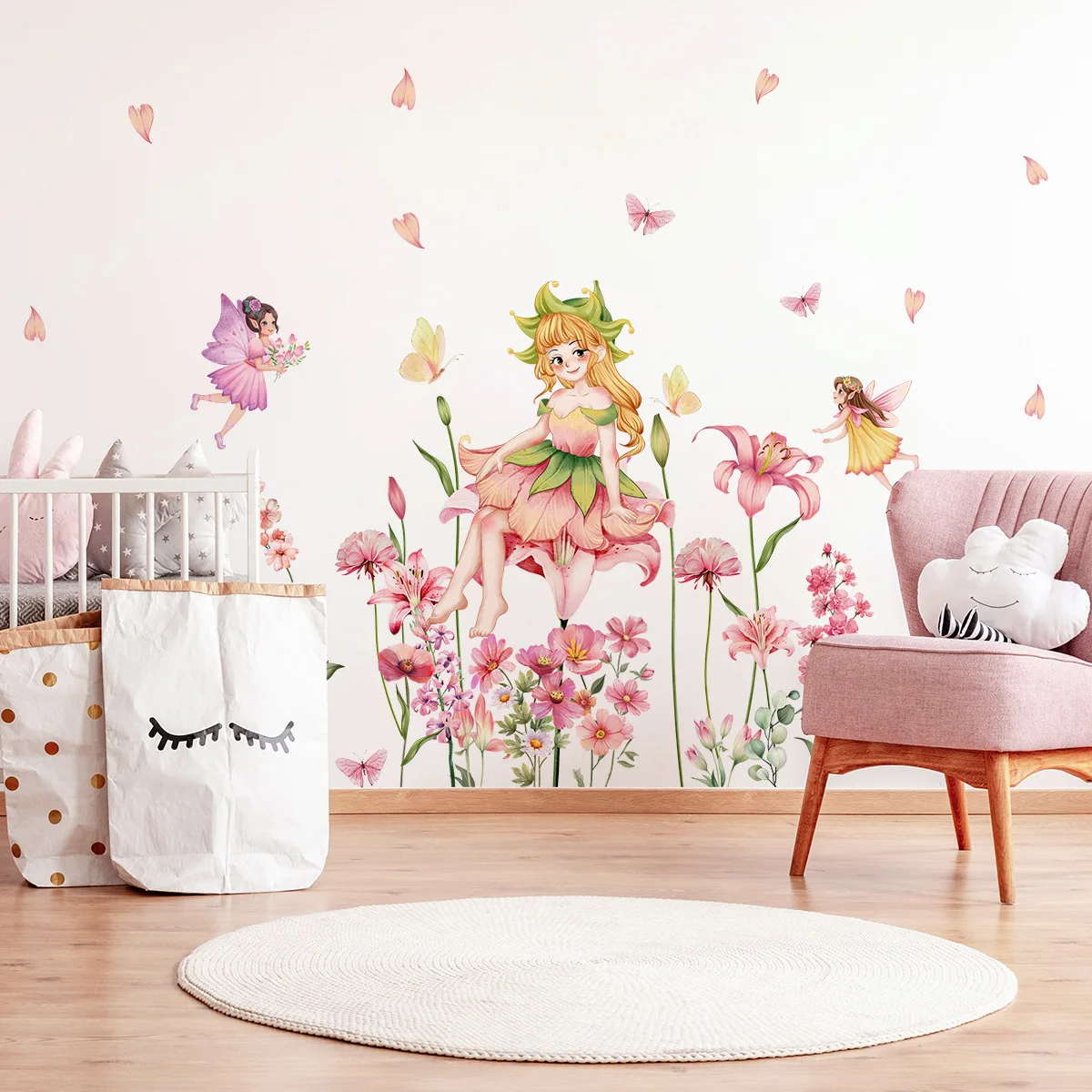 Cartoon Flower Fairy Girl Plant Flower Butterfly Wall Stickers Living Room Girl Bedroom Background Decorative Wall Stickers