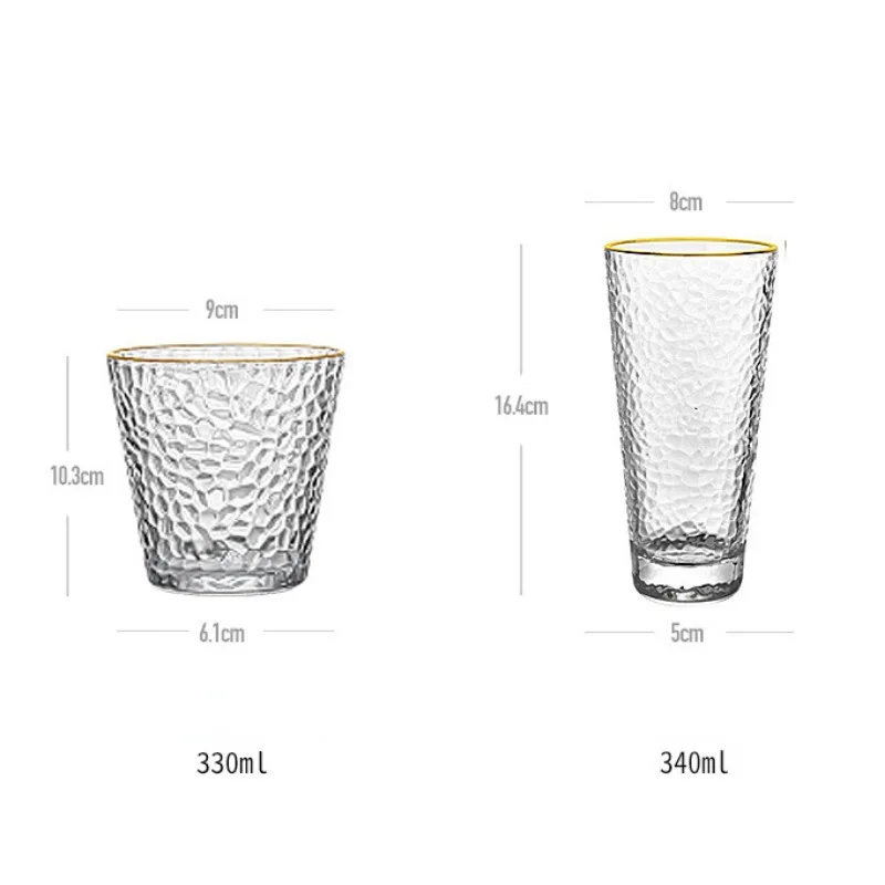 330ml/340ml Golden Edge Painted Glasses Embossed Glass Juice Cup Milk Cup Transparent Water Cup Creative Hammer Pattern Cups