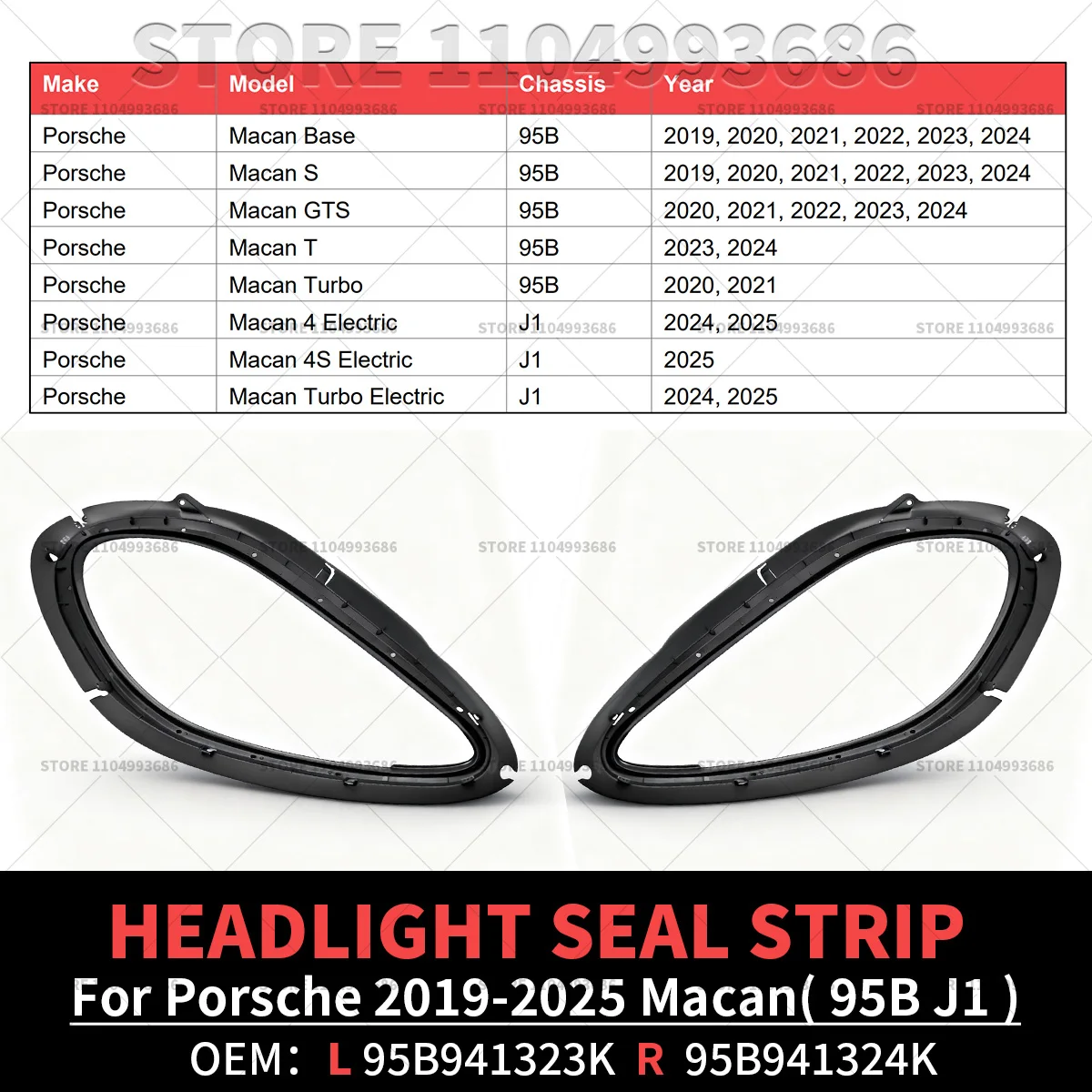 For Porsche 2019-2025 Macan S Turbo GTS Electric (95B J1) Front Headlight Rubber Sealing Strip Gasket 95B941323K 95B941324K