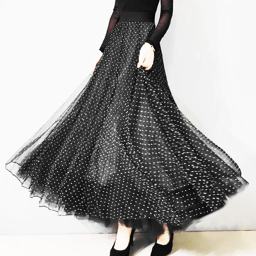 2024 Fashion Mesh Black polka dot A-line long skirt Summer，woman faldas largas elegantes Womens Maxi Skirts