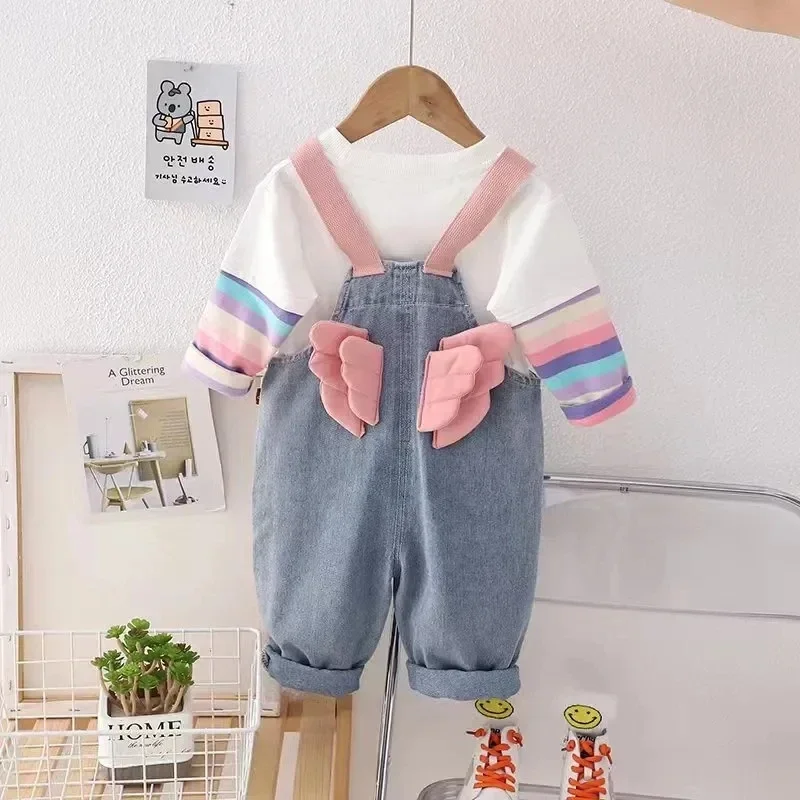 

2025 New Korean Edition Foreigner Children's Long Sleeve T-shirt Pants Two Piece Set Girls' Autumn Denim Strap Pants Set