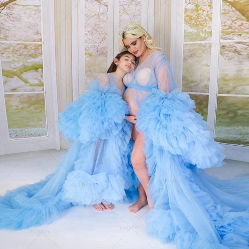 Mommy and Me Matching Dress for Photoshoot Puffy Tulle Tiered Ruffles Maternity Robe Mother Daughter Family Look Party Prom Gown