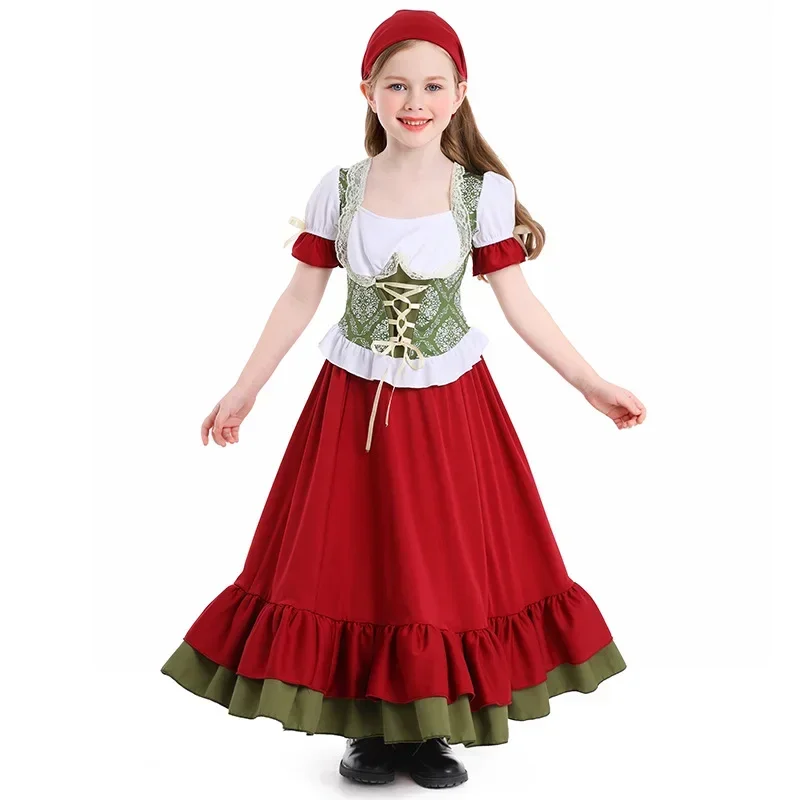 Octoberfest Bavarian Dirndl Maid Peasant Skirt Dress German Wench Costume Party Kids Oktoberfest Long Dress