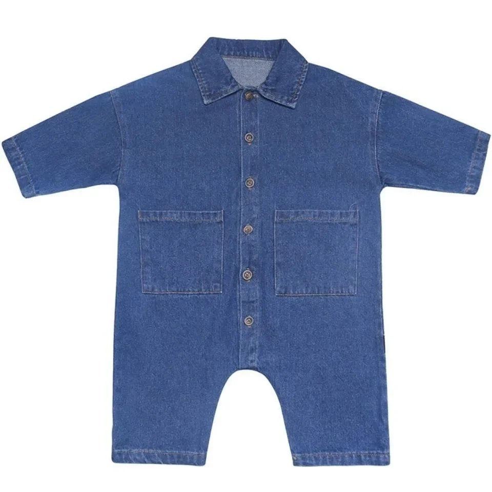 Boy Girl Children Solid Full Sleeves Denim Jumpsuit Kid Cotton One-piece New Autumn Baby Cardigan Dungarees Style Casual Romper