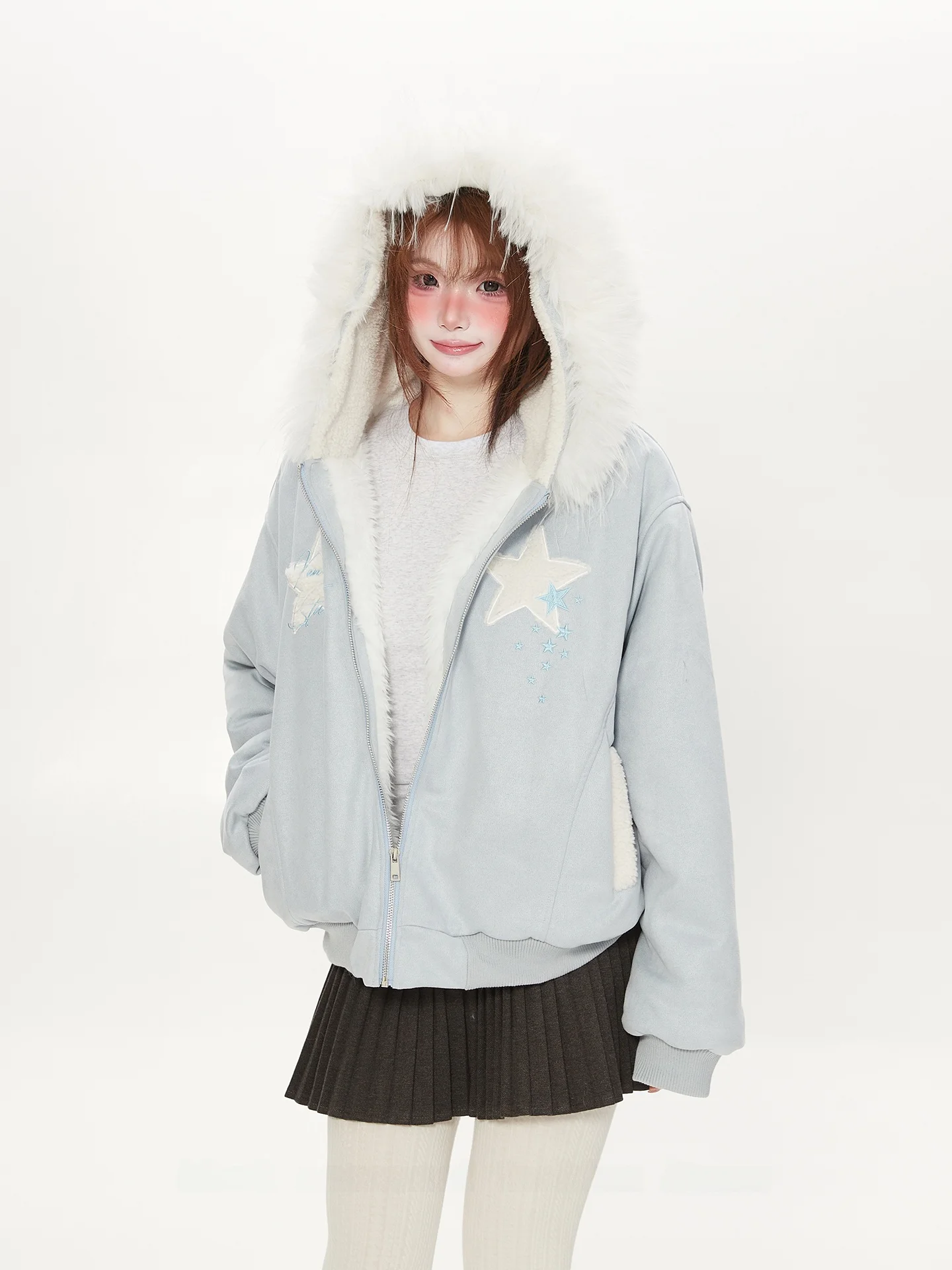 

Sli Faux Suede Jaet Women's Winter Thiened Embroidery Fur Collar Coat Blue Dopane Color Cotton Clothes for Young W...