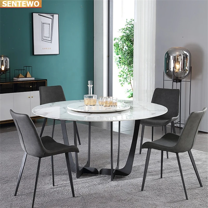 Designer Luxury round kitchen Marble Rock Slab dining table set 6 chairs mesa eettafel furniture meuble marbre Carbon steel base