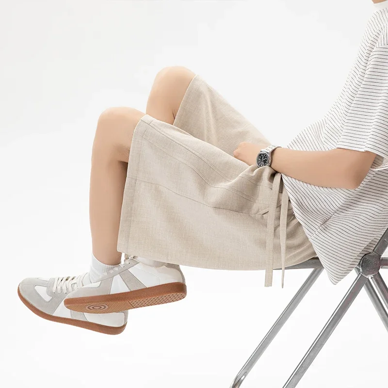 Men Elastic Waist Drawstring Linen‑Look Bermuda Shorts Loose Fit Breathable Casual Summer Short Trousers