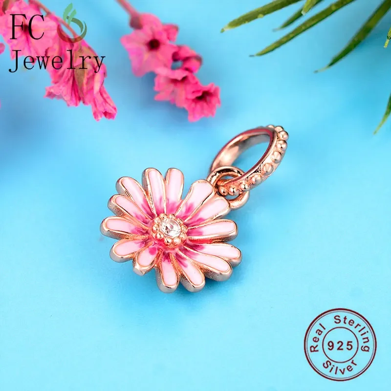 

FC Jewelry Fit Original Pan Charms Bracelet 925 Silver Rose Gold Flower Pink Enamel Daisy Pendant Bead Making Berloque 2024