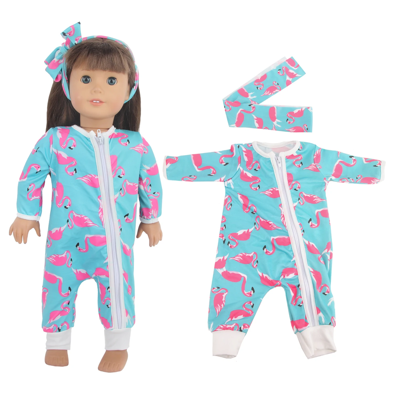 18 Inches American Doll Clothes Flamingo Jumpsuits+Headband Clothing Suit For 43cm Baby New Born&OG Girl,Russia DIY Dolls Toy