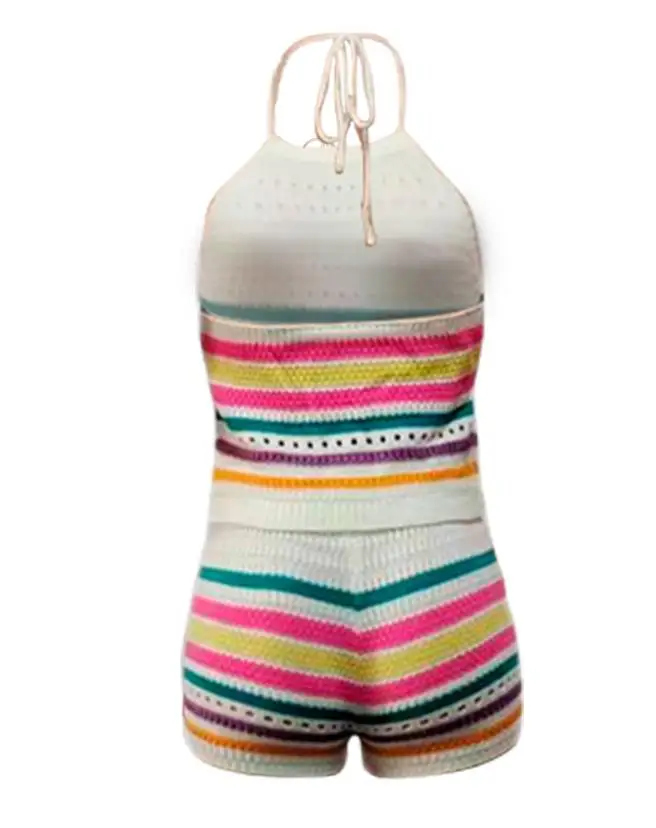 Women's Rainbow Stripe Hollow Off Shoulder Sleeveless Top and Drawstring Pocket Shorts Sexy Youth Sports Beach Set