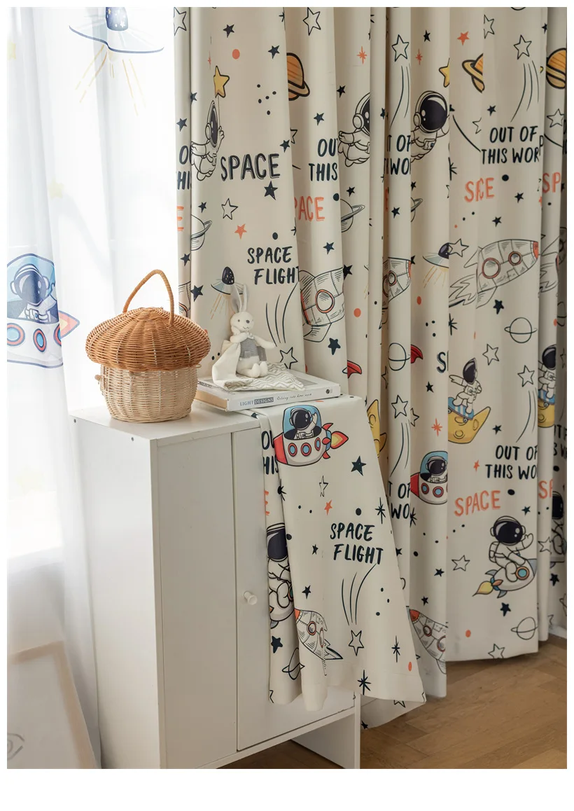 Baumwolle und Leinen, voll verdunkelnd, für Kinderzimmer, Cartoon-Creme-Vorhänge, Astronaut, digital bedruckt, Fenstergitter, individuelles Tuch – Detail 11
