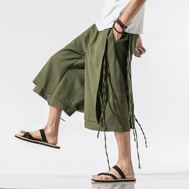 LIBIELIY Summer Harem Pants Men Hip Hop Jogger Casual Sweatpants Mens Solid Loose Chinese Style Calf-Length Pants Elastic Waist