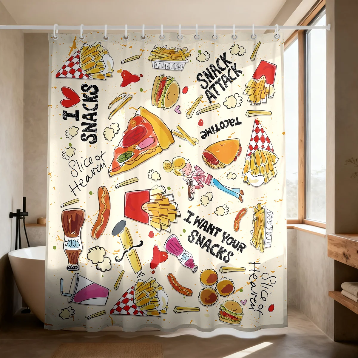 Funny Snack Attack Shower Curtain Waterproof Bathroom Decor Pop Art Food Lover Novelty Kitchen Shower Curtain 90x180cm