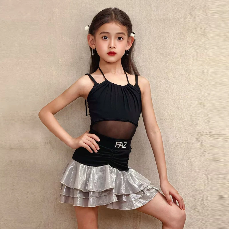 Ensemble de robe noire à trois couches, costume de spectacle de danse latine pour filles, costume de spectacle cha-cha rumba pour enfants, nouvelle collection