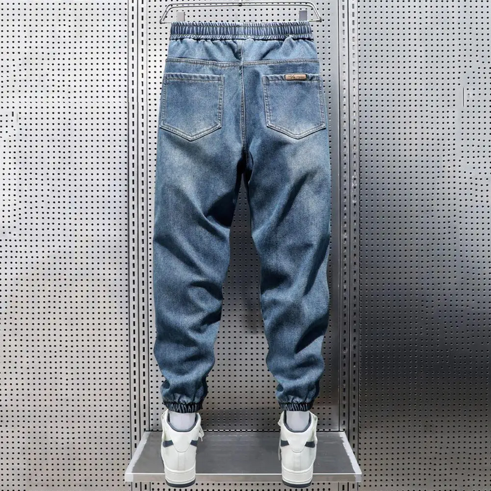 Casual Harem Trousers Men's Street Style Harem Jeans with Leg Bindings Elastic Waist Adjustable Drawstrings Jogger Pants