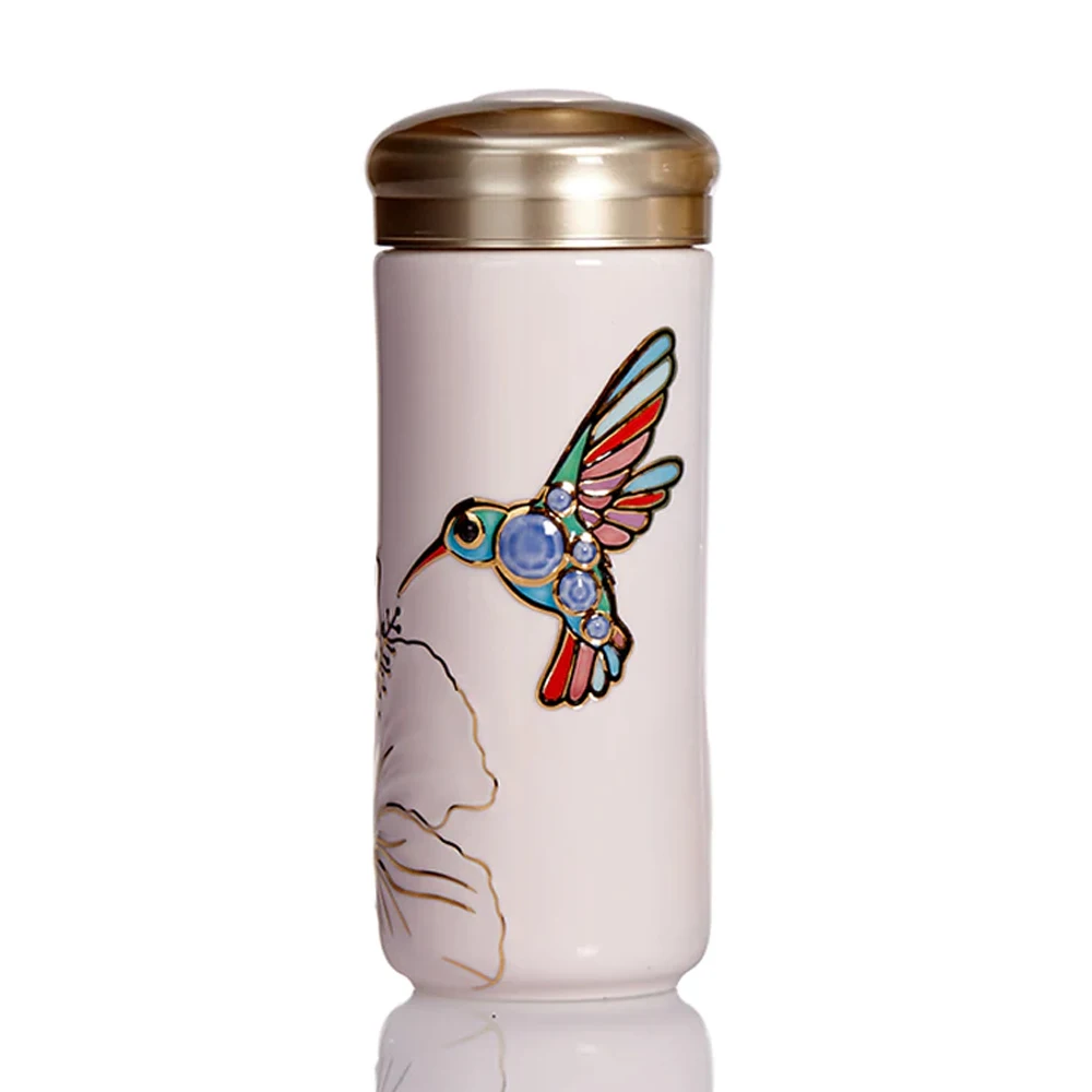 

Ceramic travel mug Handcrafted by Hummingbird beautiful hand-painted multi-colored bird art mug