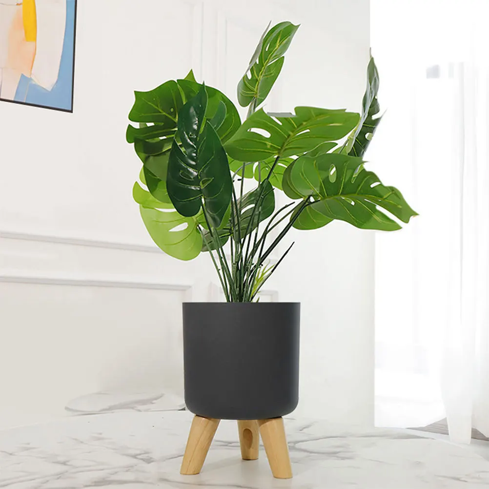 

1 Set Of Round Floor Flower Pot With Wooden Base Self Watering Planter Water Level Indicator Plastic Plant Container For Indoor