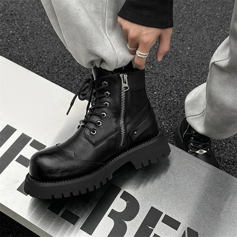 men's fashion natural leather boots lace-up autumn winter shoes cowboy ankle boot party nightclub handsome high motorcycle botas view 2