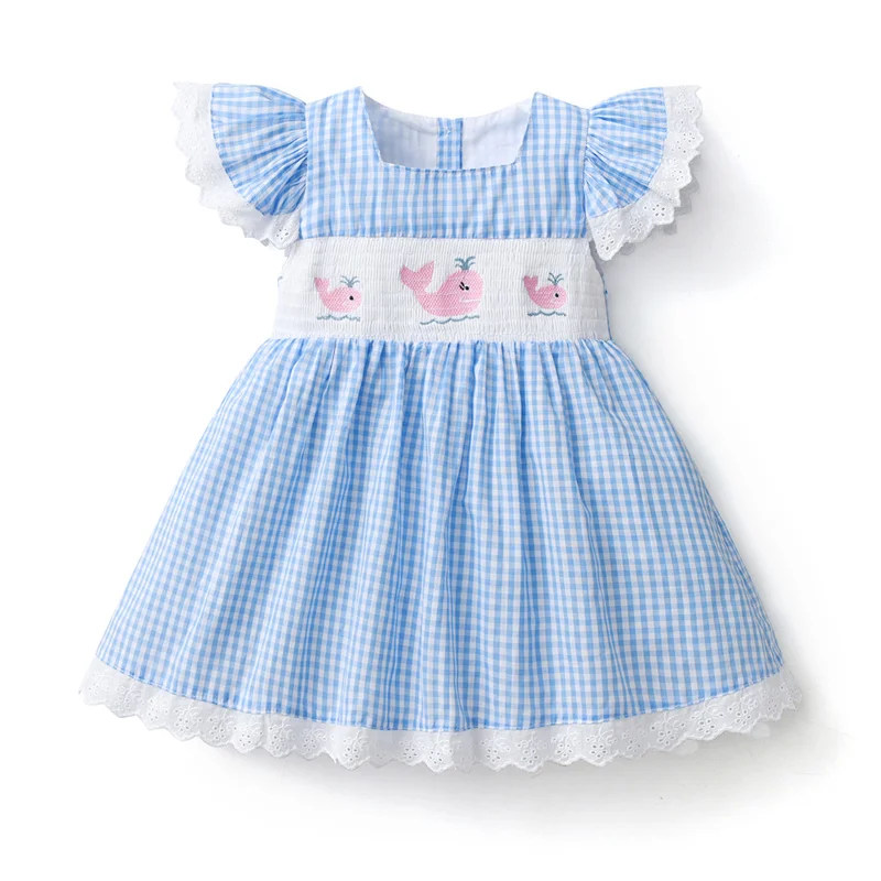 2024 Summer Children Boutique Dress Baby Girls Smocked Embroidery Dresses Flare Sleeve Peter Pan Collar Clothes Kids Vestidos