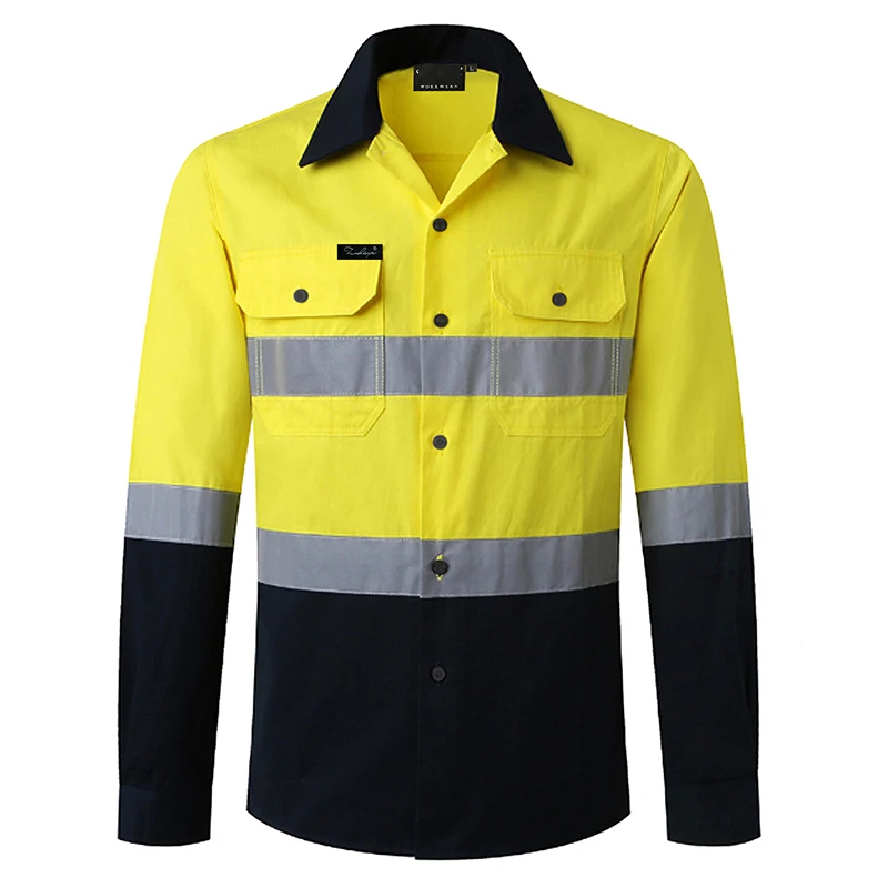 Camicia di sicurezza riflettente in cotone 100% per indumenti da lavoro da uomo Constrcution Camicia da lavoro ad alta visibilità con vestiti di sicurezza con nastro riflettente