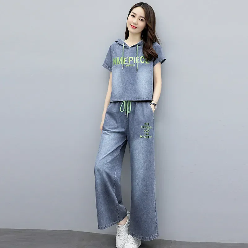 

2025 Summer New Denim Wide Legged Pants Set Women's Hooded Letter Cowboy Top+Trousers Female Fashion Casual Two Piece Sets