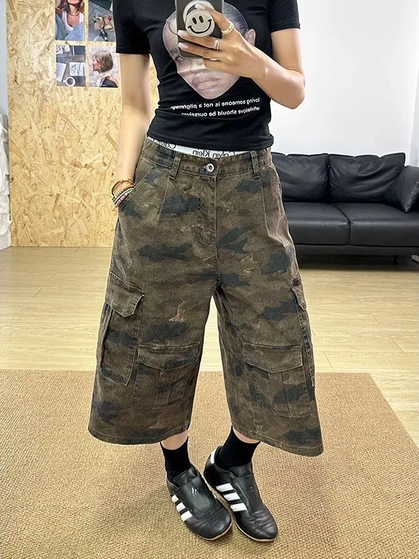 صيف جديد 2025 رقيقة التمويه الدنيم سبعة أقدام السراويل النسائية الأمريكية الرجعية Waed واسعة الساق فضفاضة الأوسط السراويل جينز غير رسمي #1