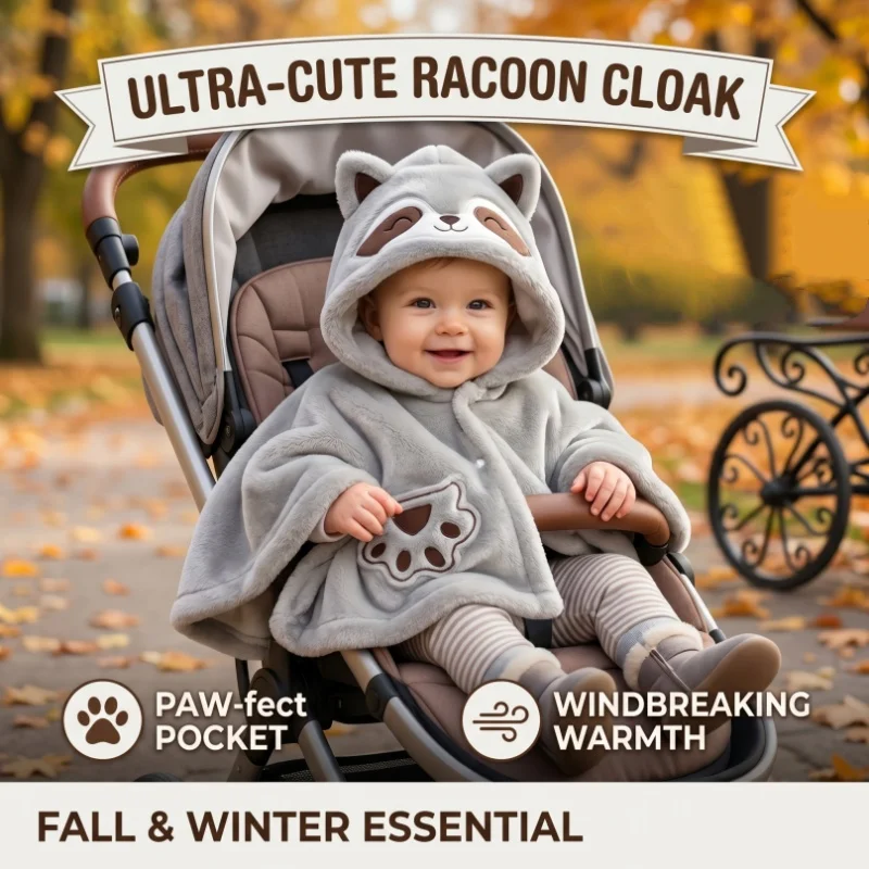 Windproof Cozy Winter Baby Hooded Cloak Raccoon Design Thicken Warm Outerwear for Infant Newborn Boys Girls Outfits