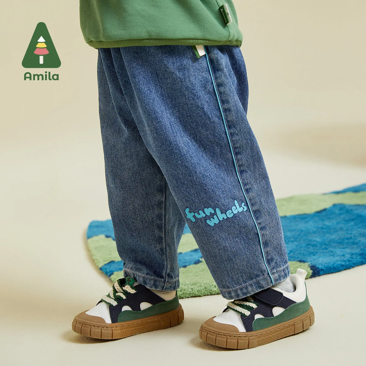 Amila Baby Pants 2023 New Autumn Casual ChildrenTwill Denim Contrasting Colors Printing Loose Boys  Kids Clothes Fashion